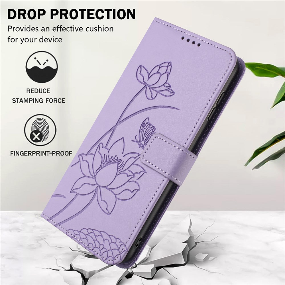 For iPhone 17 Case Wallet Stand Lotus Imprint Leather Phone Cover with Wrist Strap