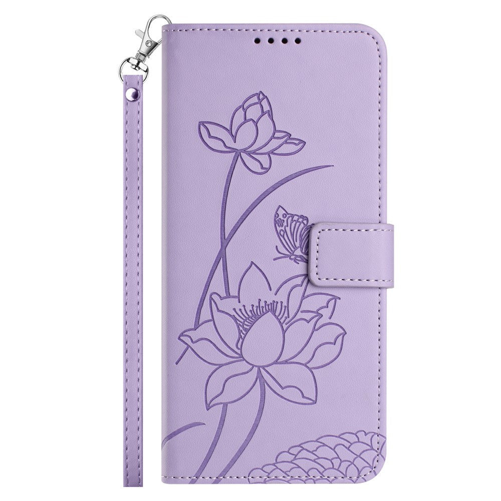 For iPhone 17 Case Wallet Stand Lotus Imprint Leather Phone Cover with Wrist Strap