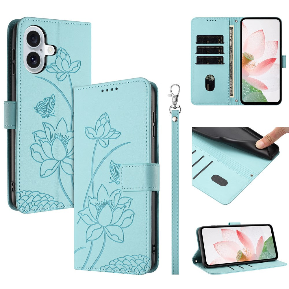 For iPhone 17 Case Wallet Stand Lotus Imprint Leather Phone Cover with Wrist Strap