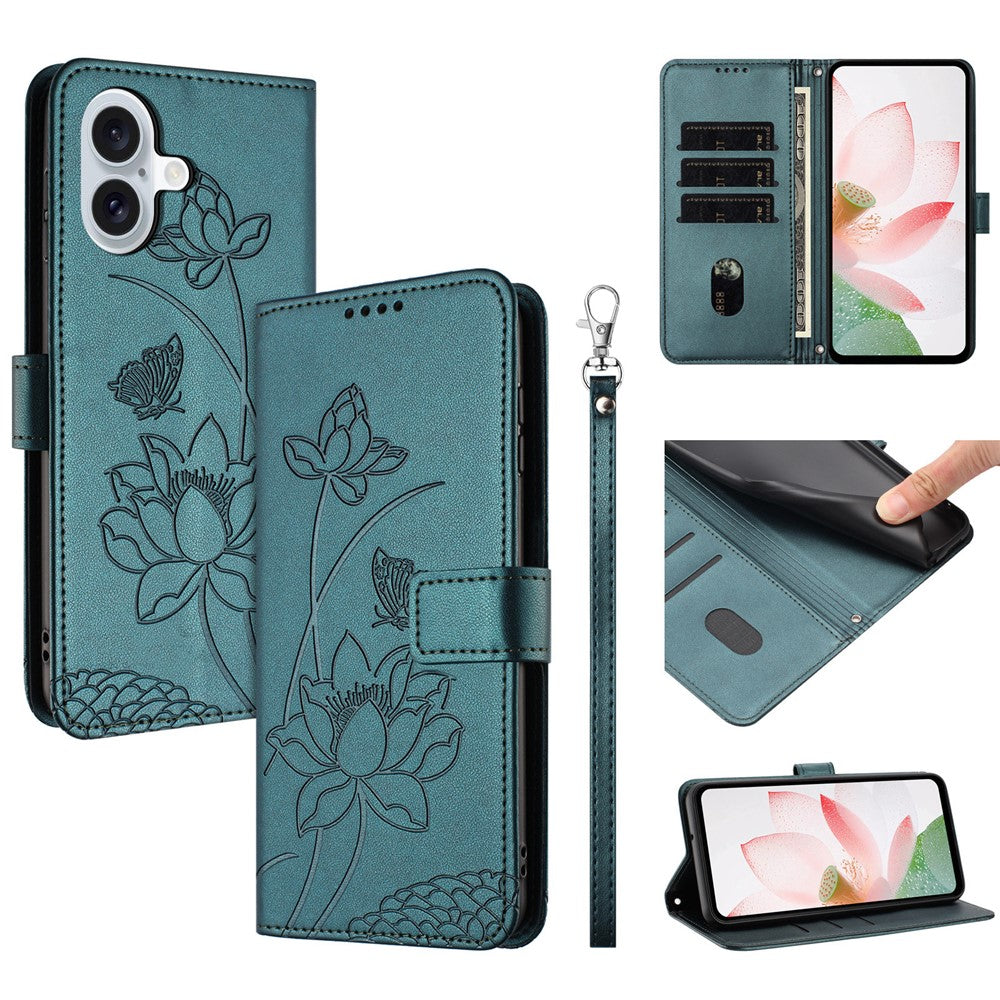 For iPhone 17 Case Wallet Stand Lotus Imprint Leather Phone Cover with Wrist Strap