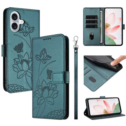 For iPhone 17 Case Wallet Stand Lotus Imprint Leather Phone Cover with Wrist Strap