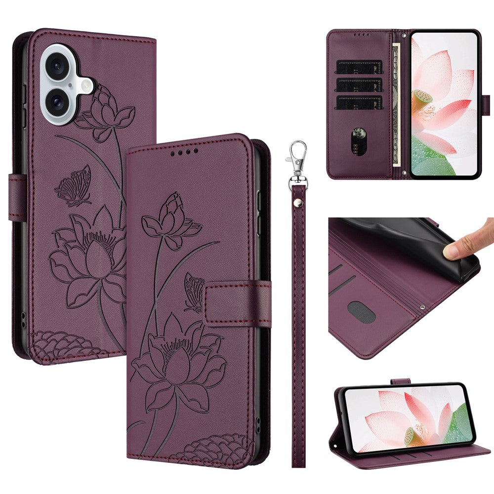 For iPhone 17 Case Wallet Stand Lotus Imprint Leather Phone Cover with Wrist Strap