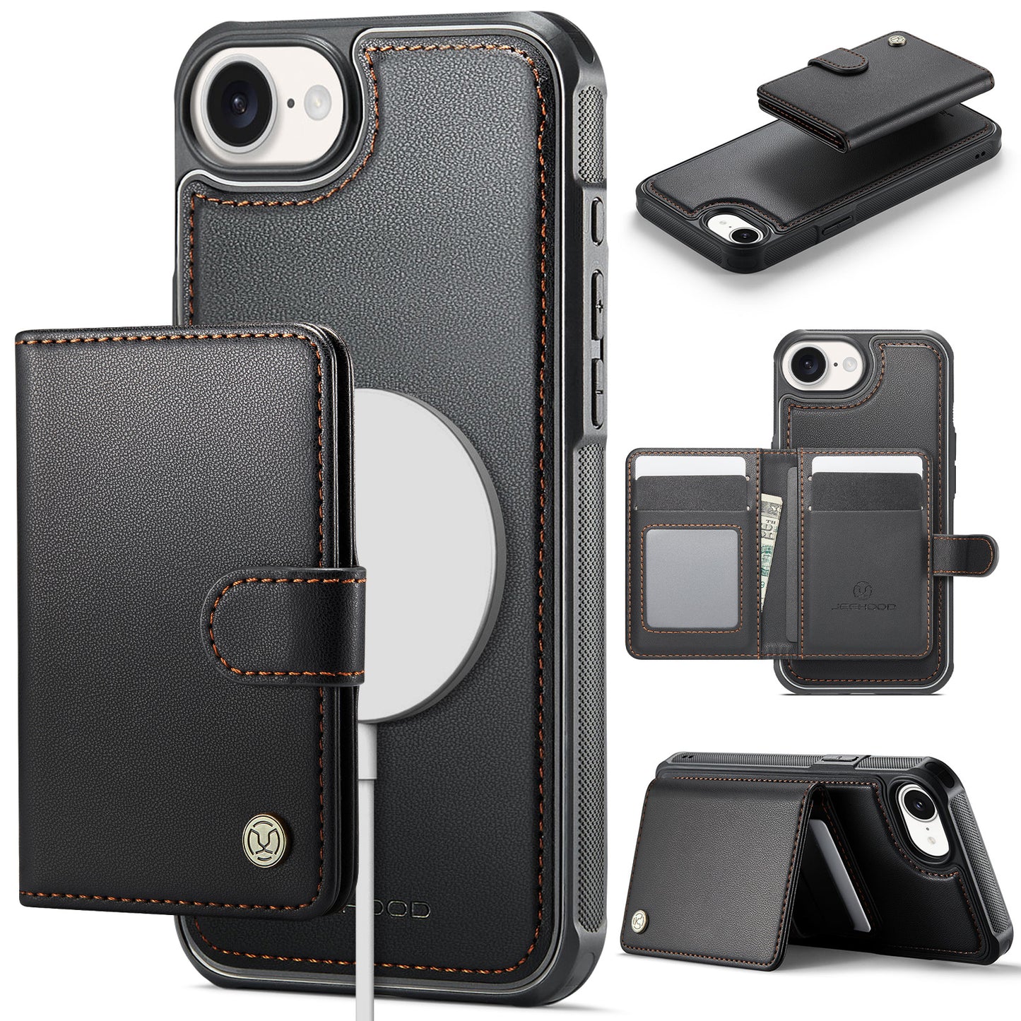 JEEHOOD For iPhone 17e / 16e Case  J09 RFID Blocking Card Holder Leather Back Phone Cover Compatible with MagSafe