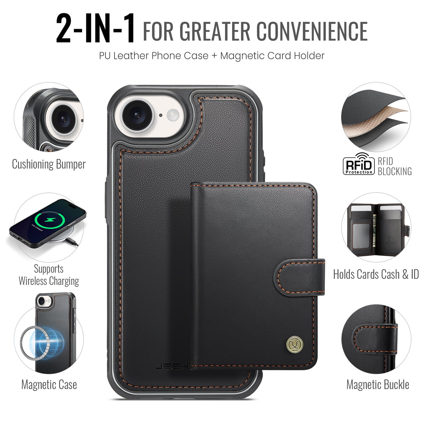 JEEHOOD For iPhone 17e / 16e Case  J09 RFID Blocking Card Holder Leather Back Phone Cover Compatible with MagSafe