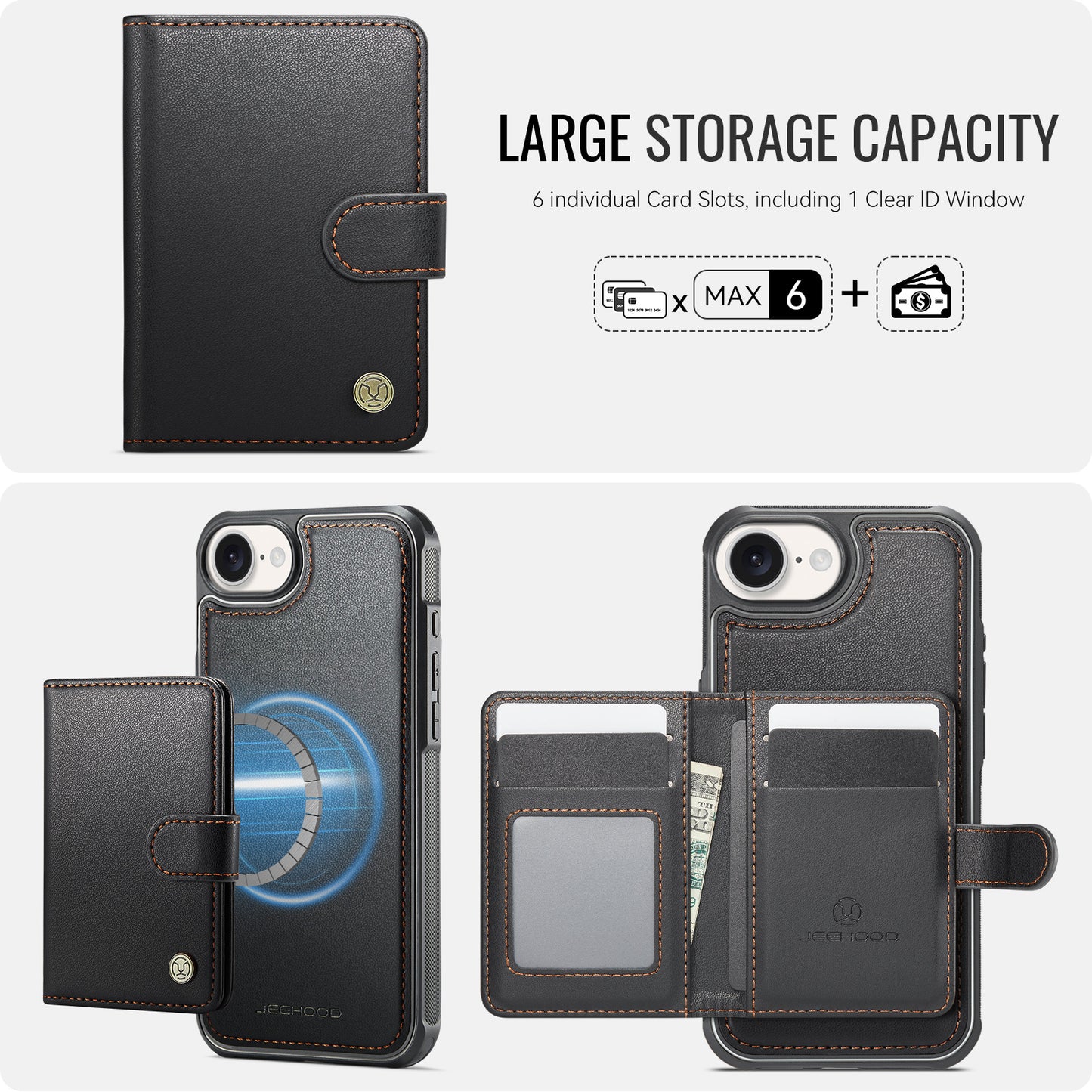 JEEHOOD For iPhone 17e / 16e Case  J09 RFID Blocking Card Holder Leather Back Phone Cover Compatible with MagSafe