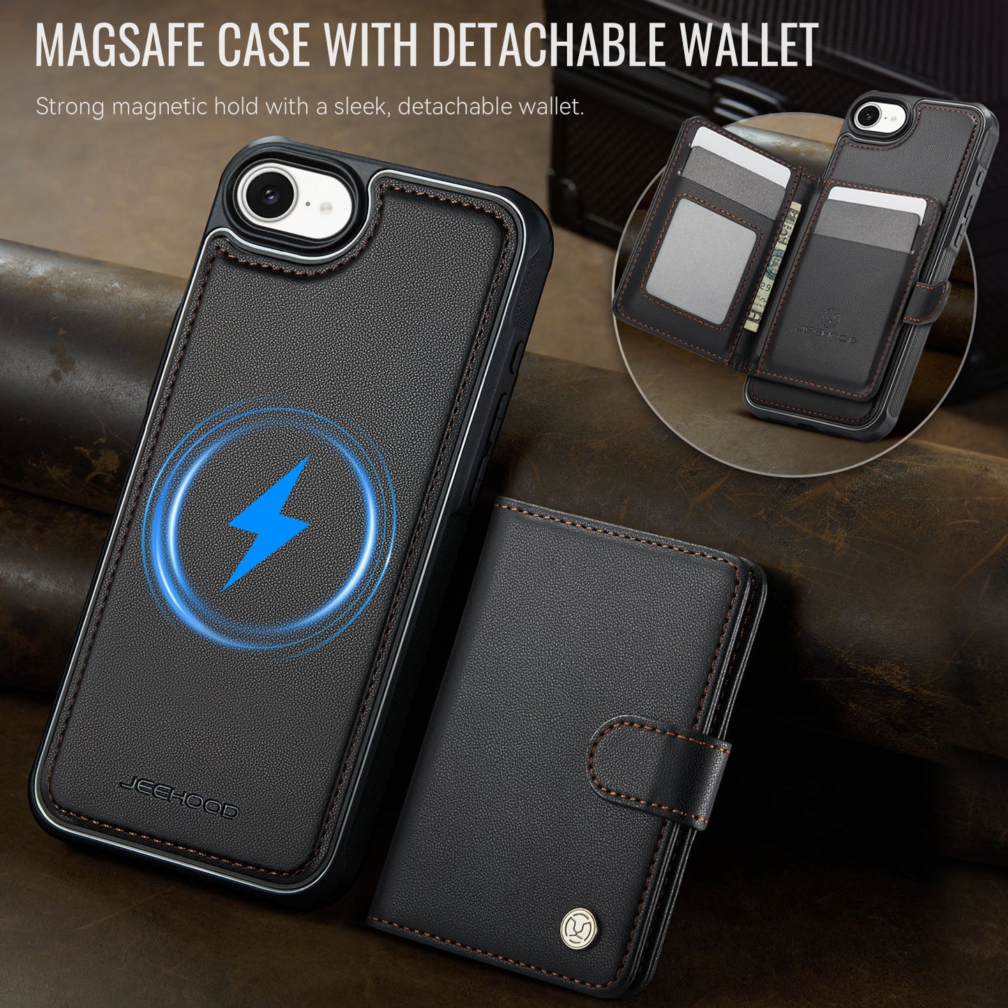 JEEHOOD For iPhone 17e / 16e Case  J09 RFID Blocking Card Holder Leather Back Phone Cover Compatible with MagSafe