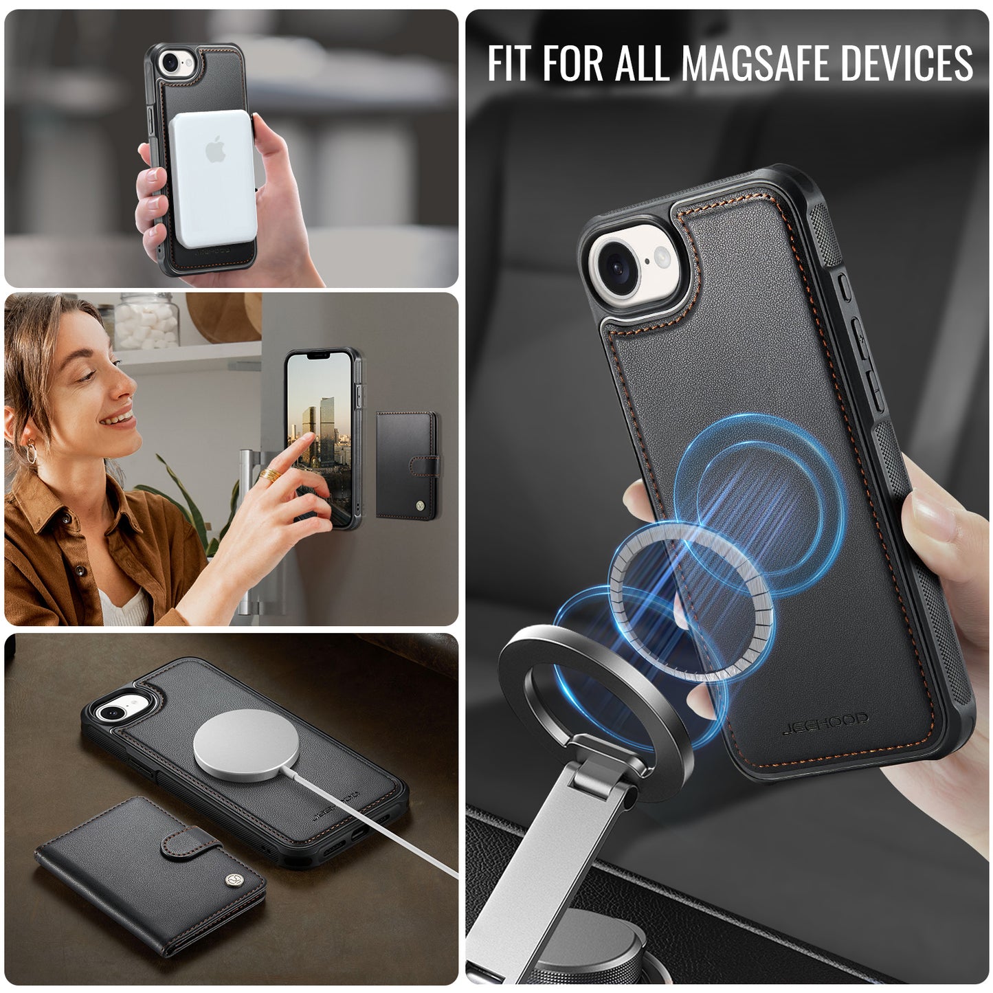 JEEHOOD For iPhone 17e / 16e Case  J09 RFID Blocking Card Holder Leather Back Phone Cover Compatible with MagSafe