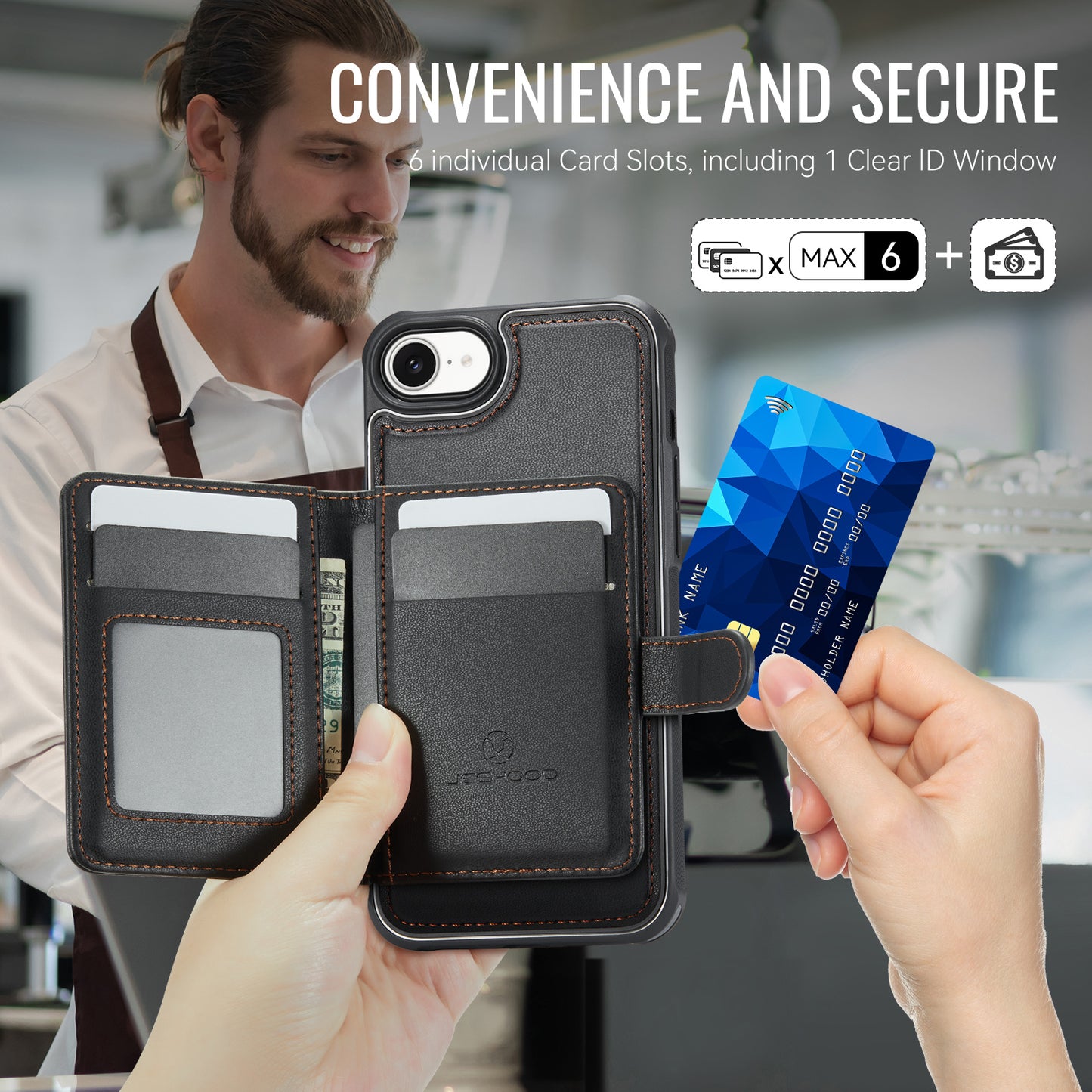JEEHOOD For iPhone 17e / 16e Case  J09 RFID Blocking Card Holder Leather Back Phone Cover Compatible with MagSafe