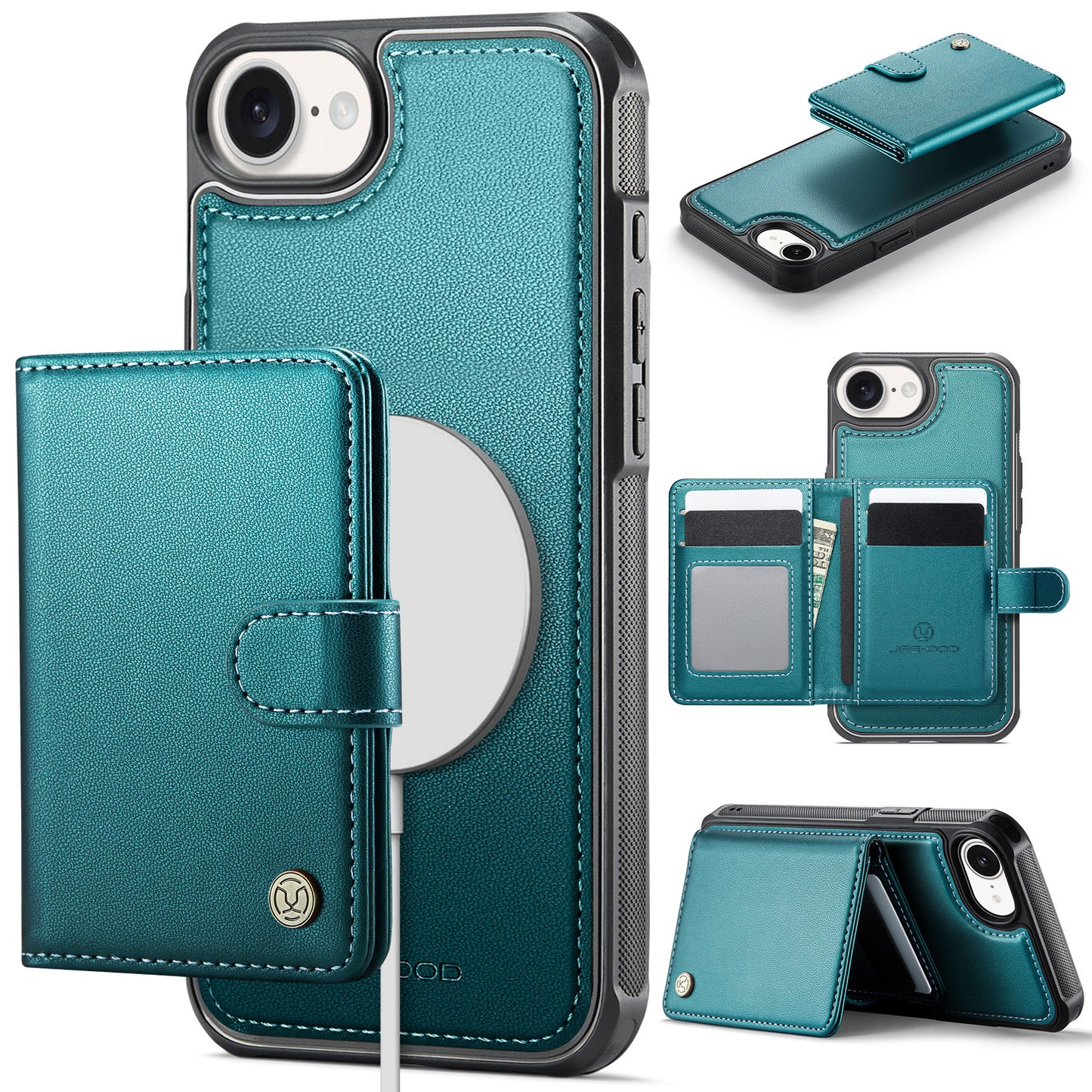 JEEHOOD For iPhone 17e / 16e Case  J09 RFID Blocking Card Holder Leather Back Phone Cover Compatible with MagSafe