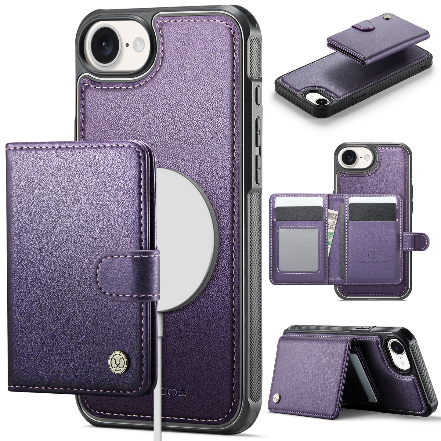 JEEHOOD For iPhone 17e / 16e Case  J09 RFID Blocking Card Holder Leather Back Phone Cover Compatible with MagSafe