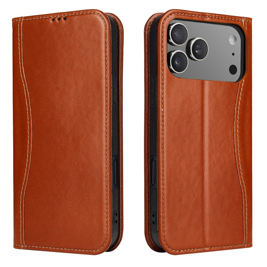 FIERRE SHANN For iPhone 17 Pro Case Wallet Stitching Craft Genuine Cow Leather Phone Cover
