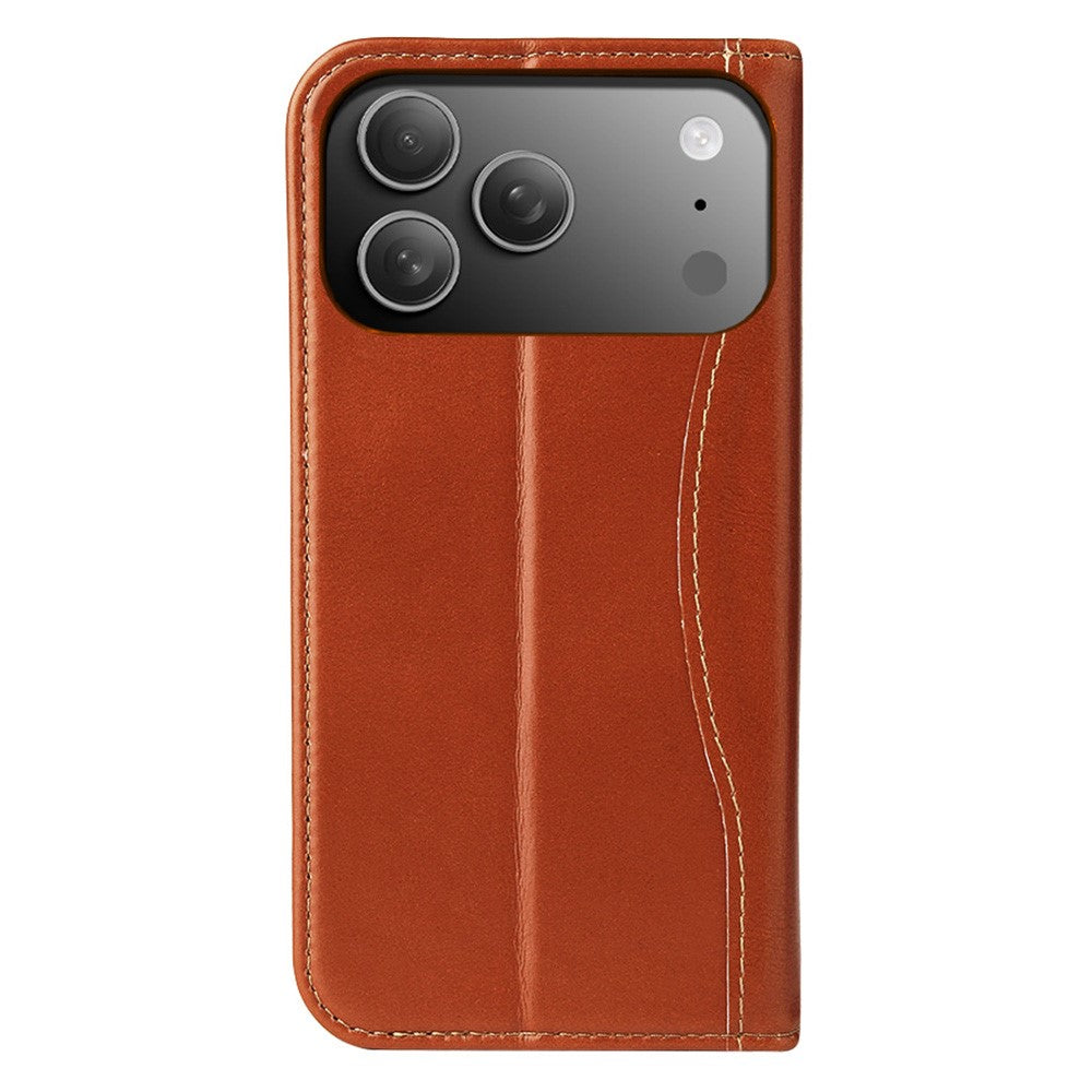 FIERRE SHANN For iPhone 17 Pro Case Wallet Stitching Craft Genuine Cow Leather Phone Cover