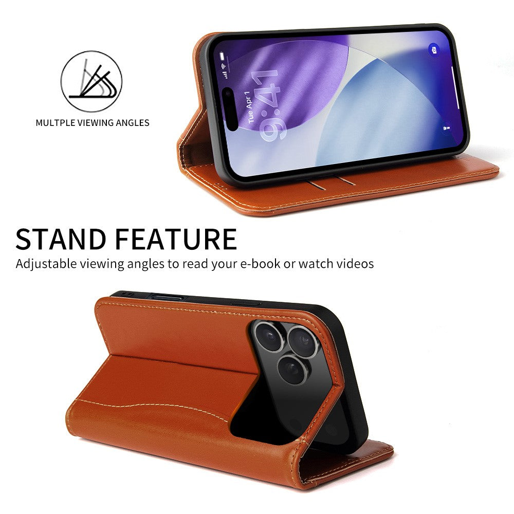 FIERRE SHANN For iPhone 17 Pro Case Wallet Stitching Craft Genuine Cow Leather Phone Cover