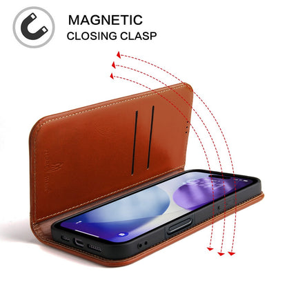 FIERRE SHANN For iPhone 17 Pro Case Wallet Stitching Craft Genuine Cow Leather Phone Cover
