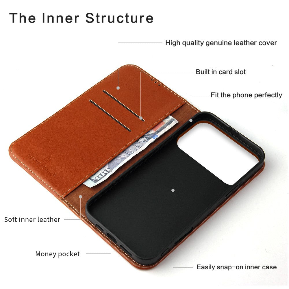 FIERRE SHANN For iPhone 17 Pro Case Wallet Stitching Craft Genuine Cow Leather Phone Cover