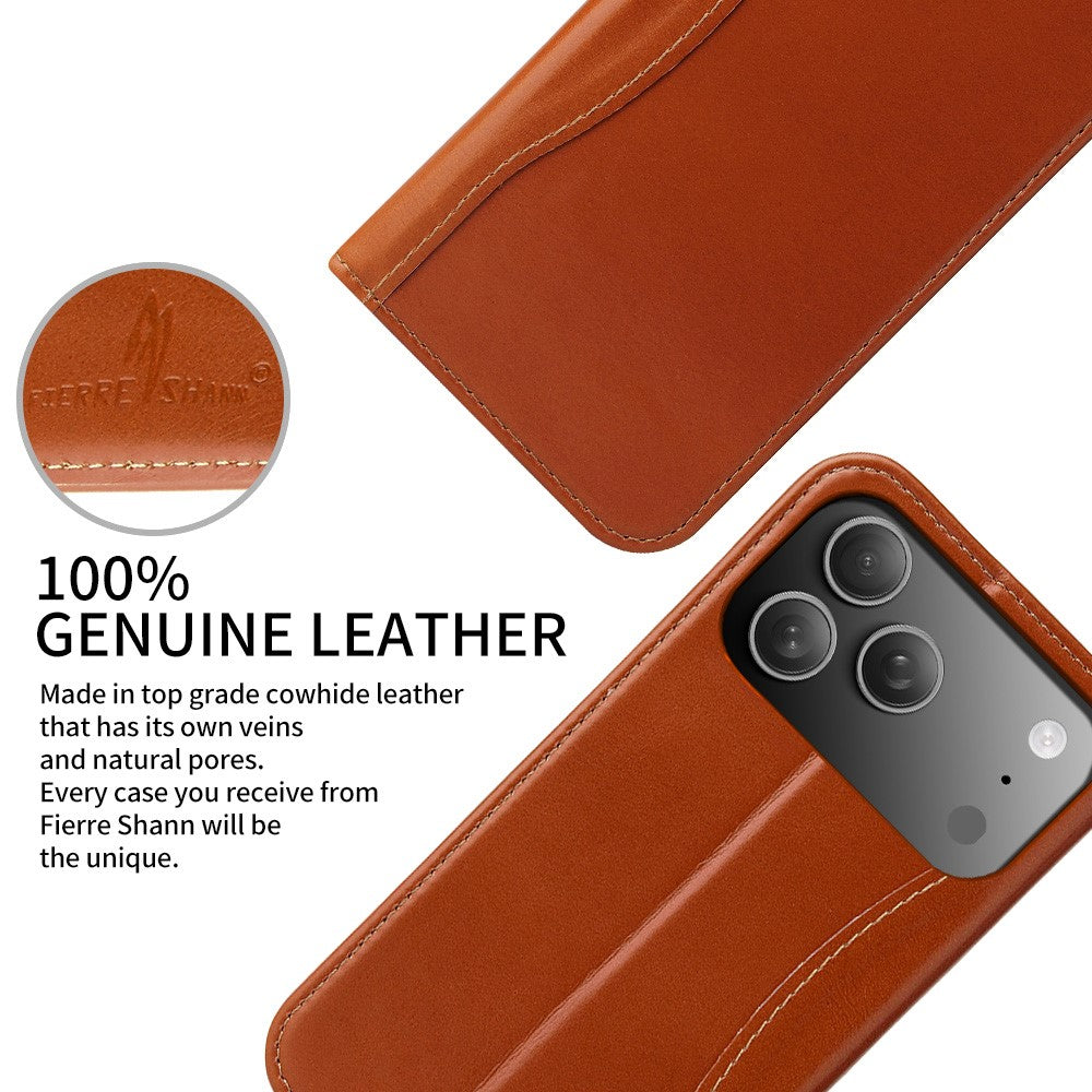 FIERRE SHANN For iPhone 17 Pro Case Wallet Stitching Craft Genuine Cow Leather Phone Cover