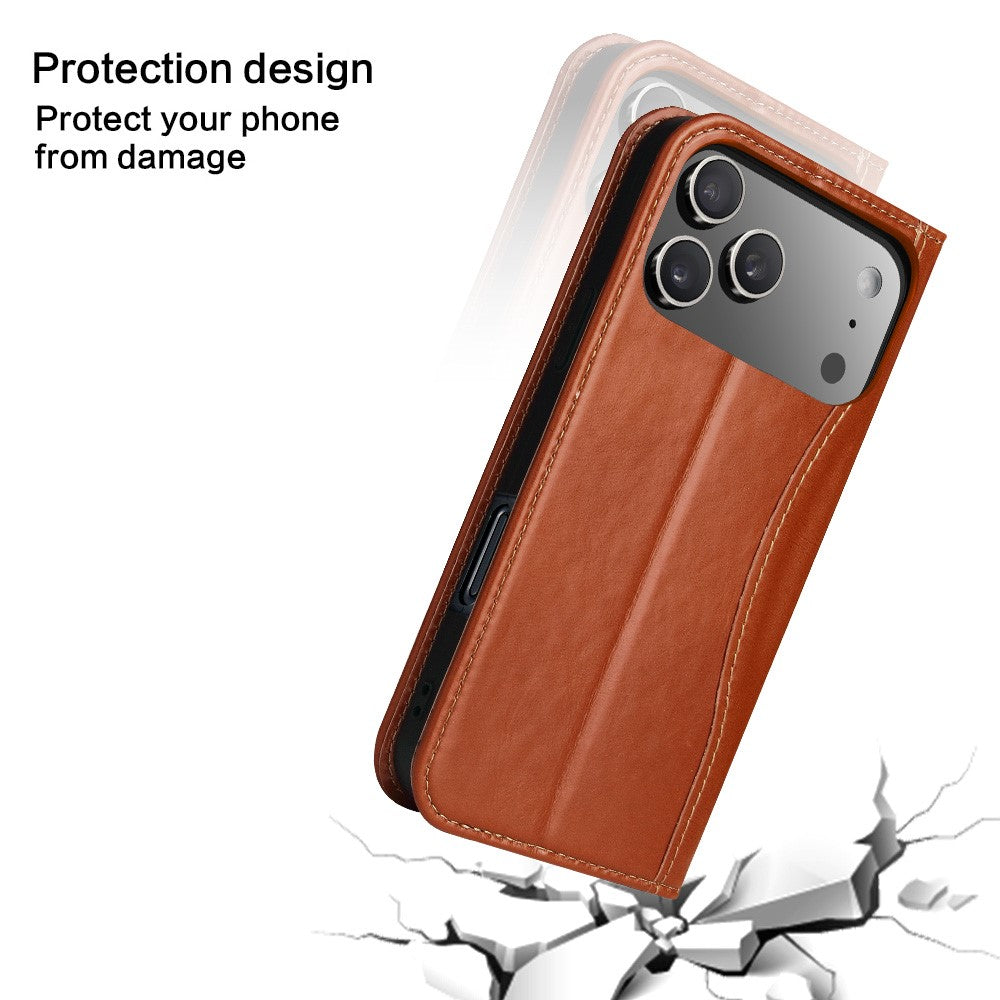FIERRE SHANN For iPhone 17 Pro Case Wallet Stitching Craft Genuine Cow Leather Phone Cover