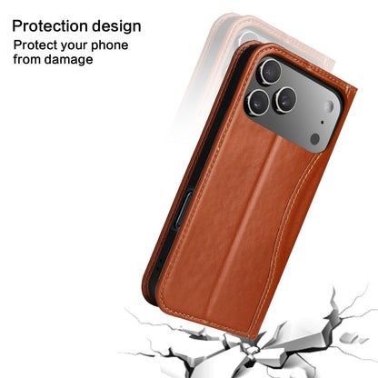 FIERRE SHANN For iPhone 17 Pro Case Wallet Stitching Craft Genuine Cow Leather Phone Cover