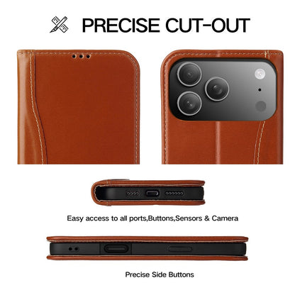 FIERRE SHANN For iPhone 17 Pro Case Wallet Stitching Craft Genuine Cow Leather Phone Cover