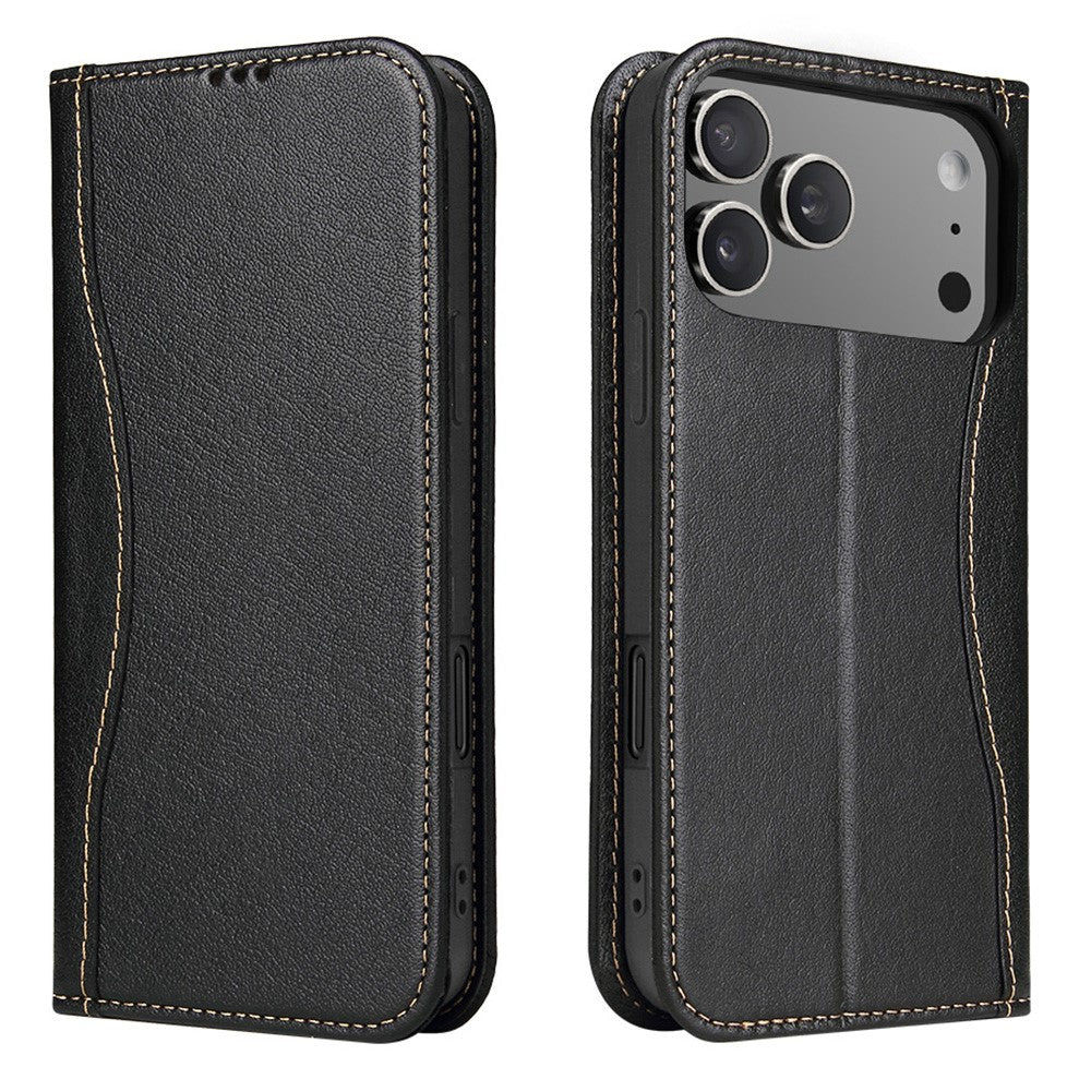 FIERRE SHANN For iPhone 17 Pro Case Wallet Stitching Craft Genuine Cow Leather Phone Cover