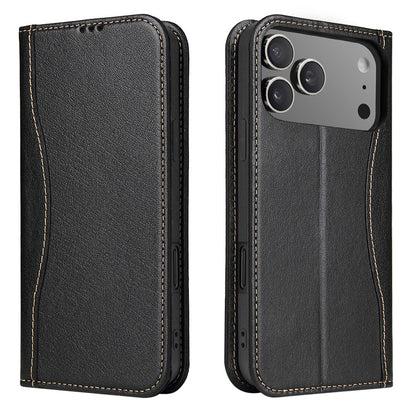 FIERRE SHANN For iPhone 17 Pro Case Wallet Stitching Craft Genuine Cow Leather Phone Cover