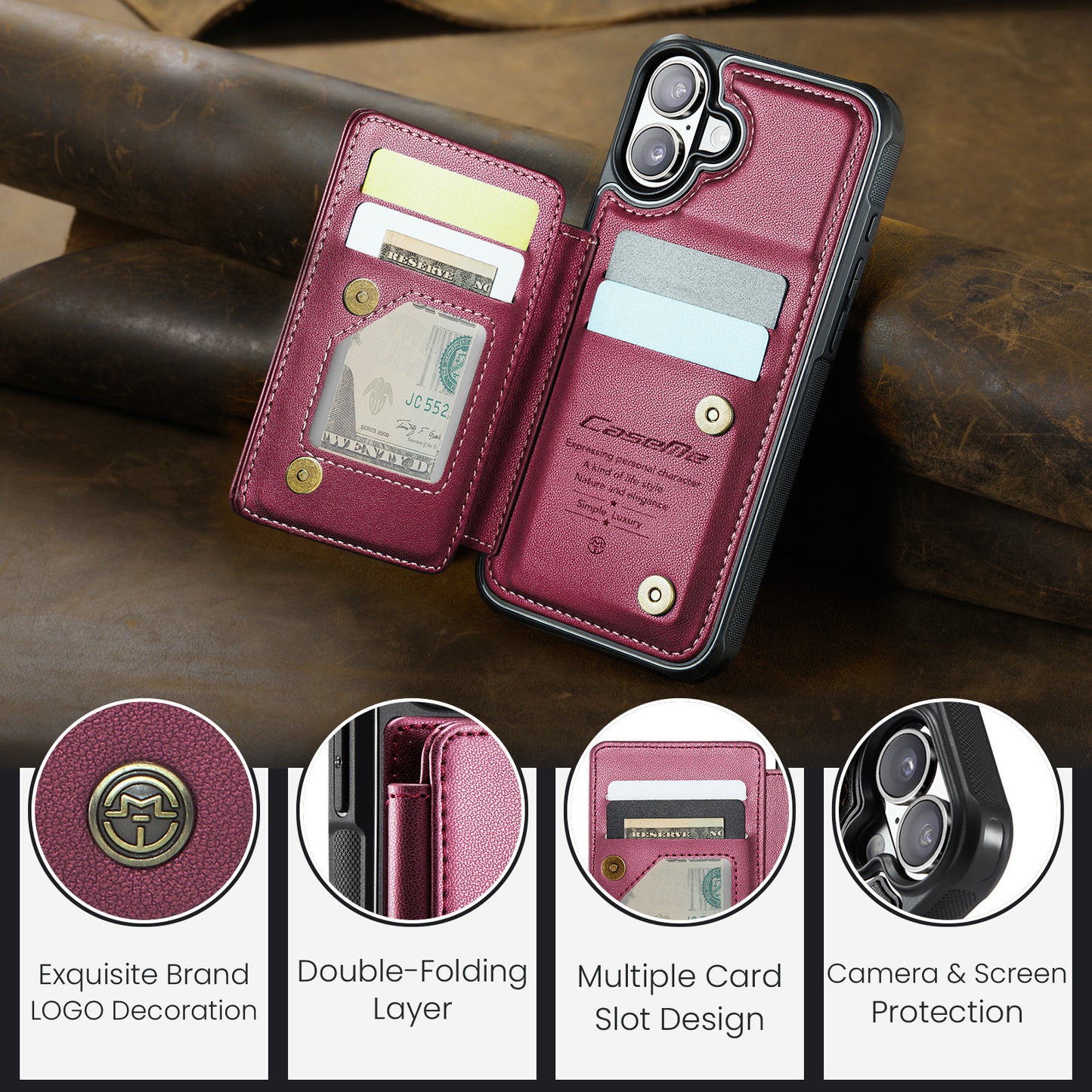 CASEME For iPhone 17 Case with RFID Blocking 5 Card Slots  C22 Leather Back Cover