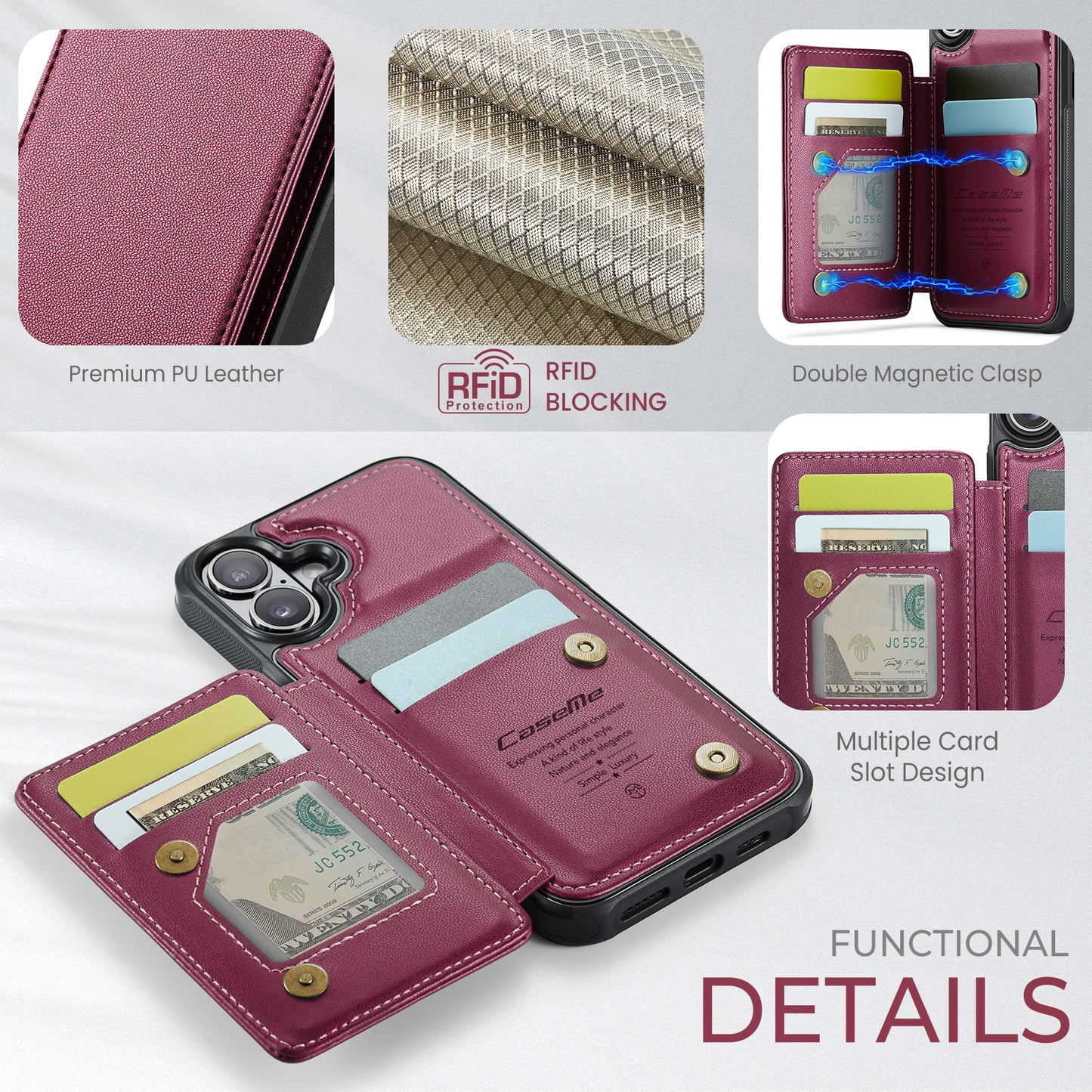 CASEME For iPhone 17 Case with RFID Blocking 5 Card Slots  C22 Leather Back Cover