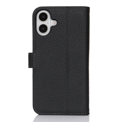 For iPhone 17 Stand Case Litchi Texture Genuine Cow Leather Wallet Phone Cover RFID Blocking