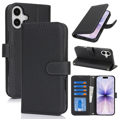 For iPhone 17 Stand Case Litchi Texture Genuine Cow Leather Wallet Phone Cover RFID Blocking