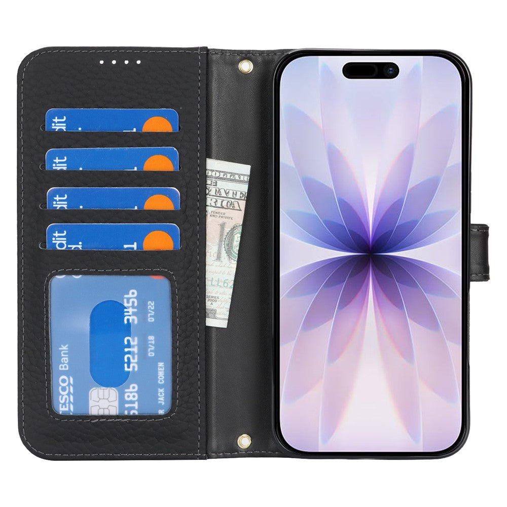 For iPhone 17 Stand Case Litchi Texture Genuine Cow Leather Wallet Phone Cover RFID Blocking