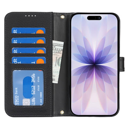 For iPhone 17 Stand Case Litchi Texture Genuine Cow Leather Wallet Phone Cover RFID Blocking