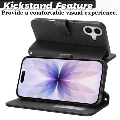 For iPhone 17 Stand Case Litchi Texture Genuine Cow Leather Wallet Phone Cover RFID Blocking