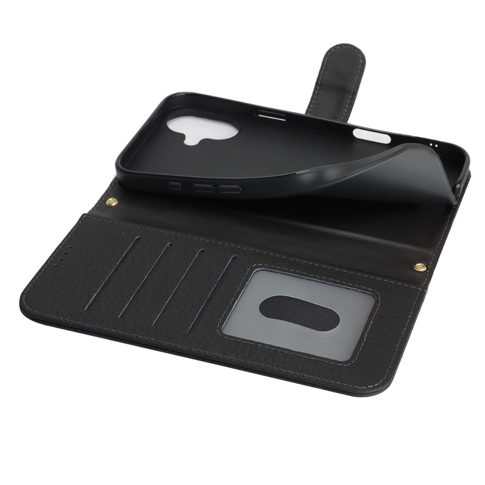 For iPhone 17 Stand Case Litchi Texture Genuine Cow Leather Wallet Phone Cover RFID Blocking