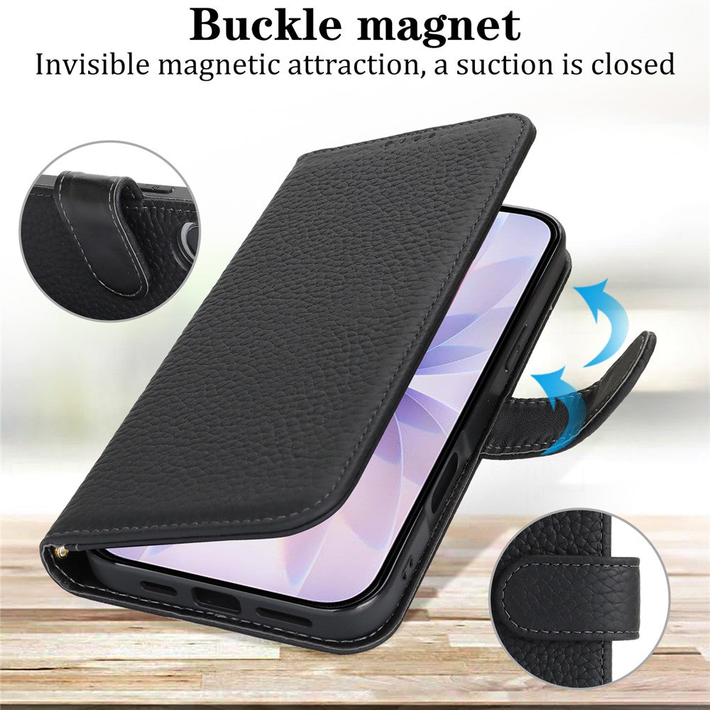 For iPhone 17 Stand Case Litchi Texture Genuine Cow Leather Wallet Phone Cover RFID Blocking