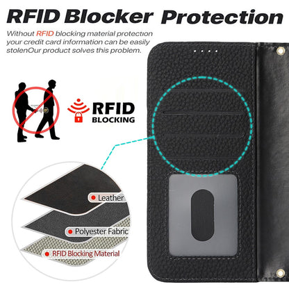 For iPhone 17 Stand Case Litchi Texture Genuine Cow Leather Wallet Phone Cover RFID Blocking