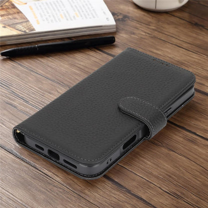 For iPhone 17 Stand Case Litchi Texture Genuine Cow Leather Wallet Phone Cover RFID Blocking