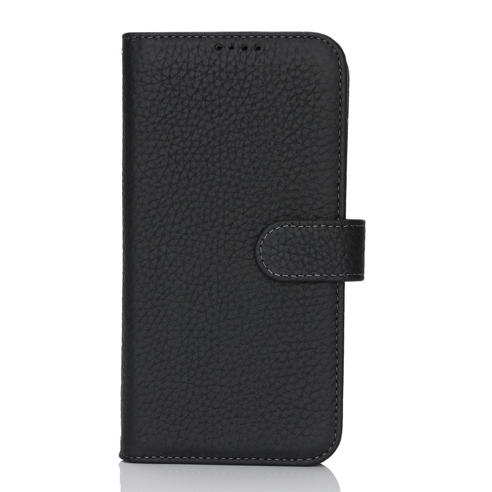 For iPhone 17 Stand Case Litchi Texture Genuine Cow Leather Wallet Phone Cover RFID Blocking