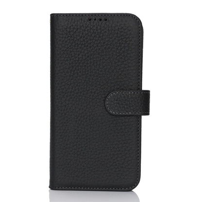 For iPhone 17 Stand Case Litchi Texture Genuine Cow Leather Wallet Phone Cover RFID Blocking