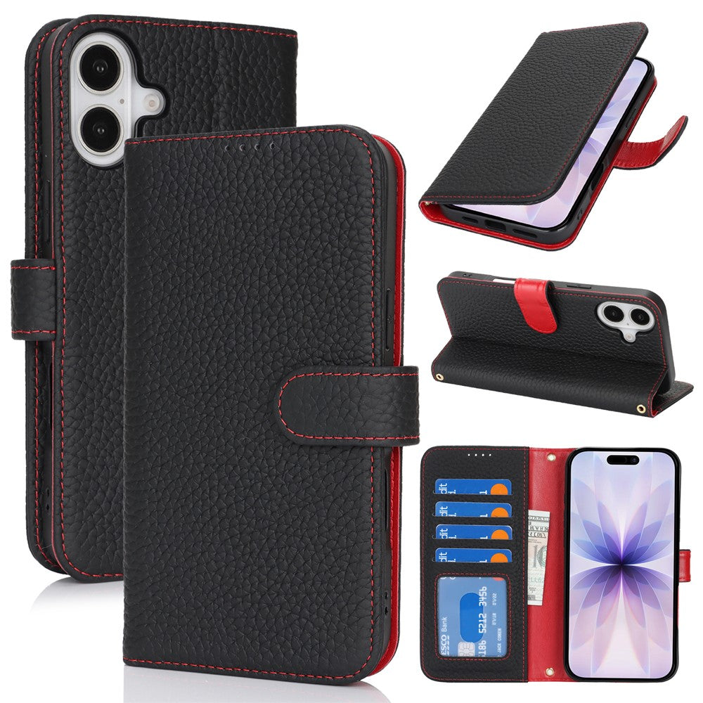 For iPhone 17 Stand Case Litchi Texture Genuine Cow Leather Wallet Phone Cover RFID Blocking