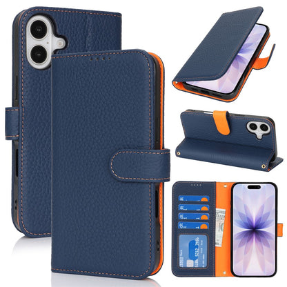 For iPhone 17 Stand Case Litchi Texture Genuine Cow Leather Wallet Phone Cover RFID Blocking
