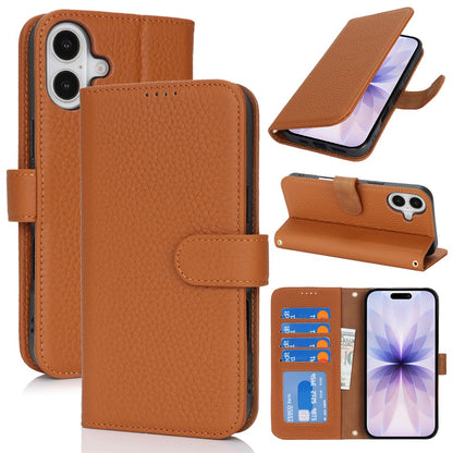 For iPhone 17 Stand Case Litchi Texture Genuine Cow Leather Wallet Phone Cover RFID Blocking