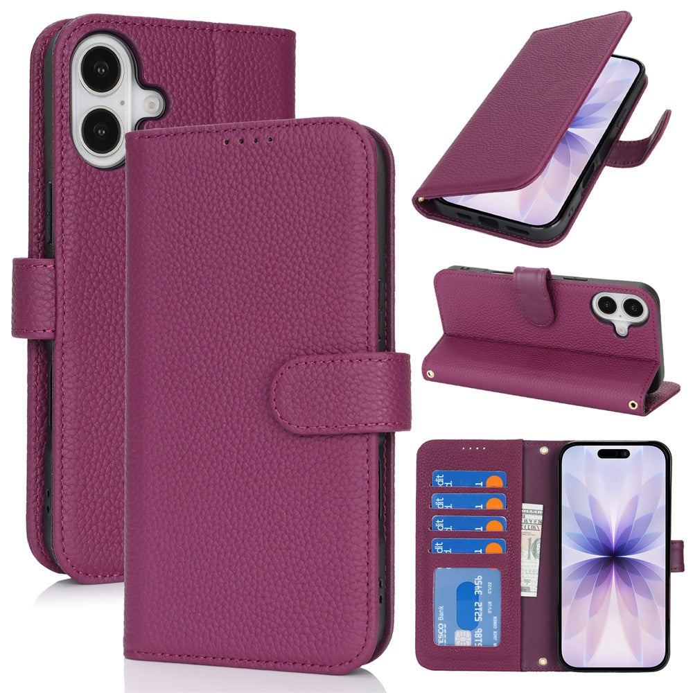 For iPhone 17 Stand Case Litchi Texture Genuine Cow Leather Wallet Phone Cover RFID Blocking