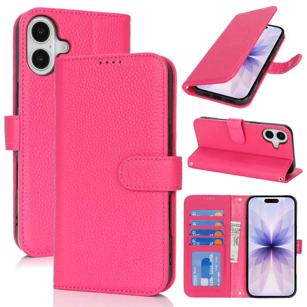 For iPhone 17 Stand Case Litchi Texture Genuine Cow Leather Wallet Phone Cover RFID Blocking