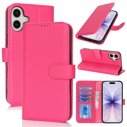 For iPhone 17 Stand Case Litchi Texture Genuine Cow Leather Wallet Phone Cover RFID Blocking