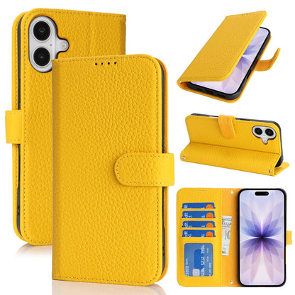 For iPhone 17 Stand Case Litchi Texture Genuine Cow Leather Wallet Phone Cover RFID Blocking
