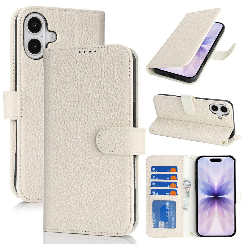 For iPhone 17 Stand Case Litchi Texture Genuine Cow Leather Wallet Phone Cover RFID Blocking