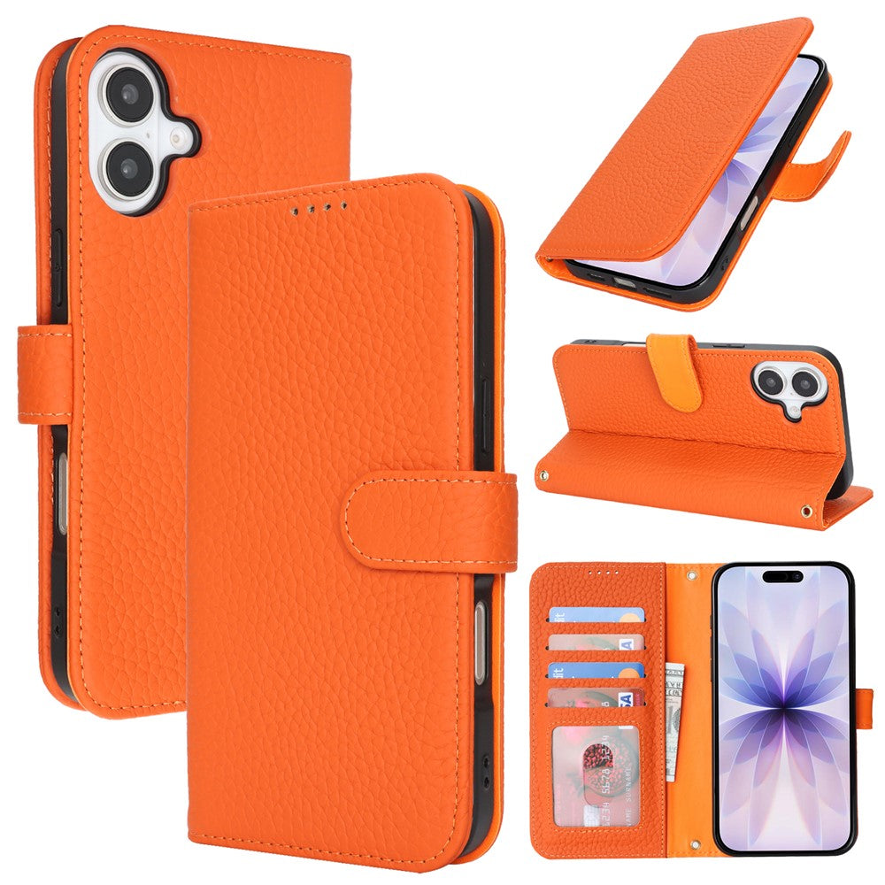 For iPhone 17 Stand Case Litchi Texture Genuine Cow Leather Wallet Phone Cover RFID Blocking
