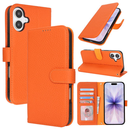 For iPhone 17 Stand Case Litchi Texture Genuine Cow Leather Wallet Phone Cover RFID Blocking
