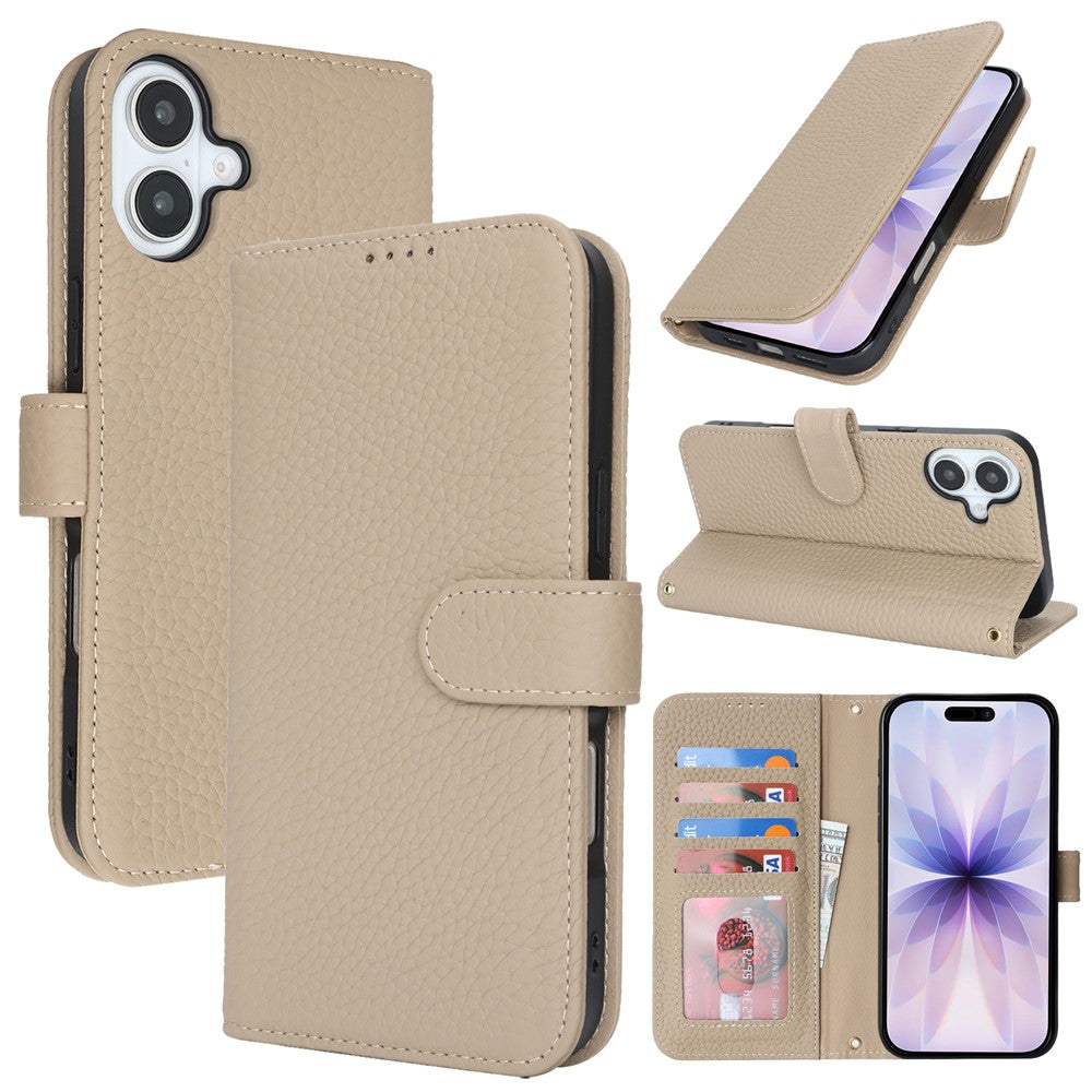 For iPhone 17 Stand Case Litchi Texture Genuine Cow Leather Wallet Phone Cover RFID Blocking