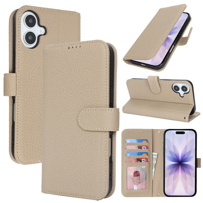 For iPhone 17 Stand Case Litchi Texture Genuine Cow Leather Wallet Phone Cover RFID Blocking